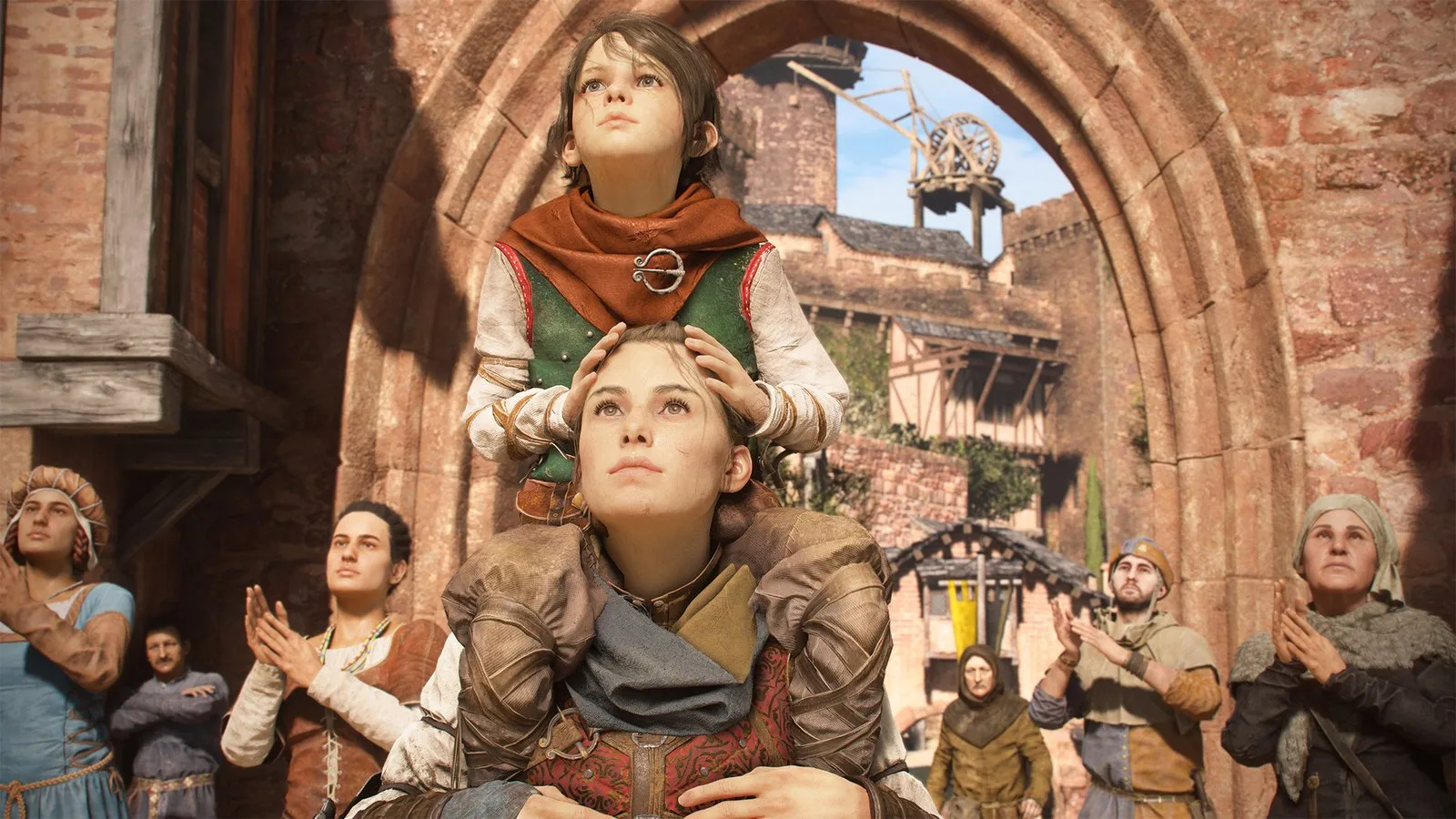 Hugo, subido a hombros de Amicia, mira al cielo rodeado de vecinos en una plaza de piedra en A Plague Tale: Requiem