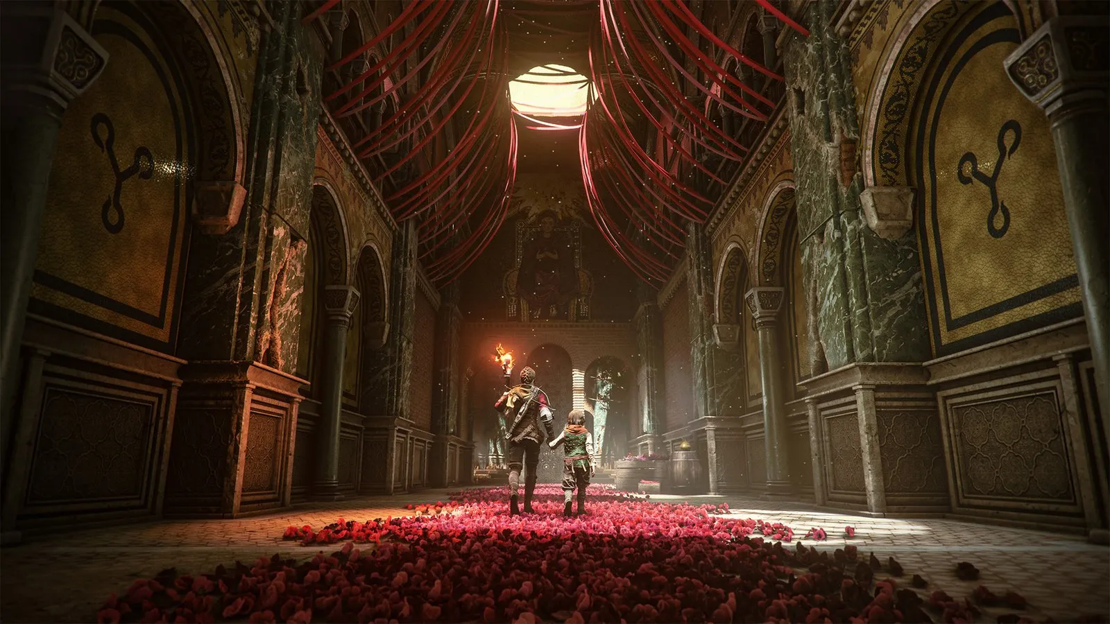 Amicia y Hugo entran en una gran sala abovedada cubierta de pétalos rojos en A Plague Tale: Requiem