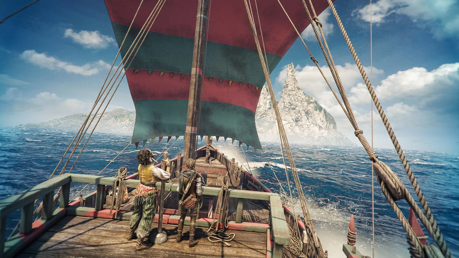 Amicia y Hugo viajan en la cubierta de un barco de velas rojas rumbo a una isla rocosa en A Plague Tale: Requiem