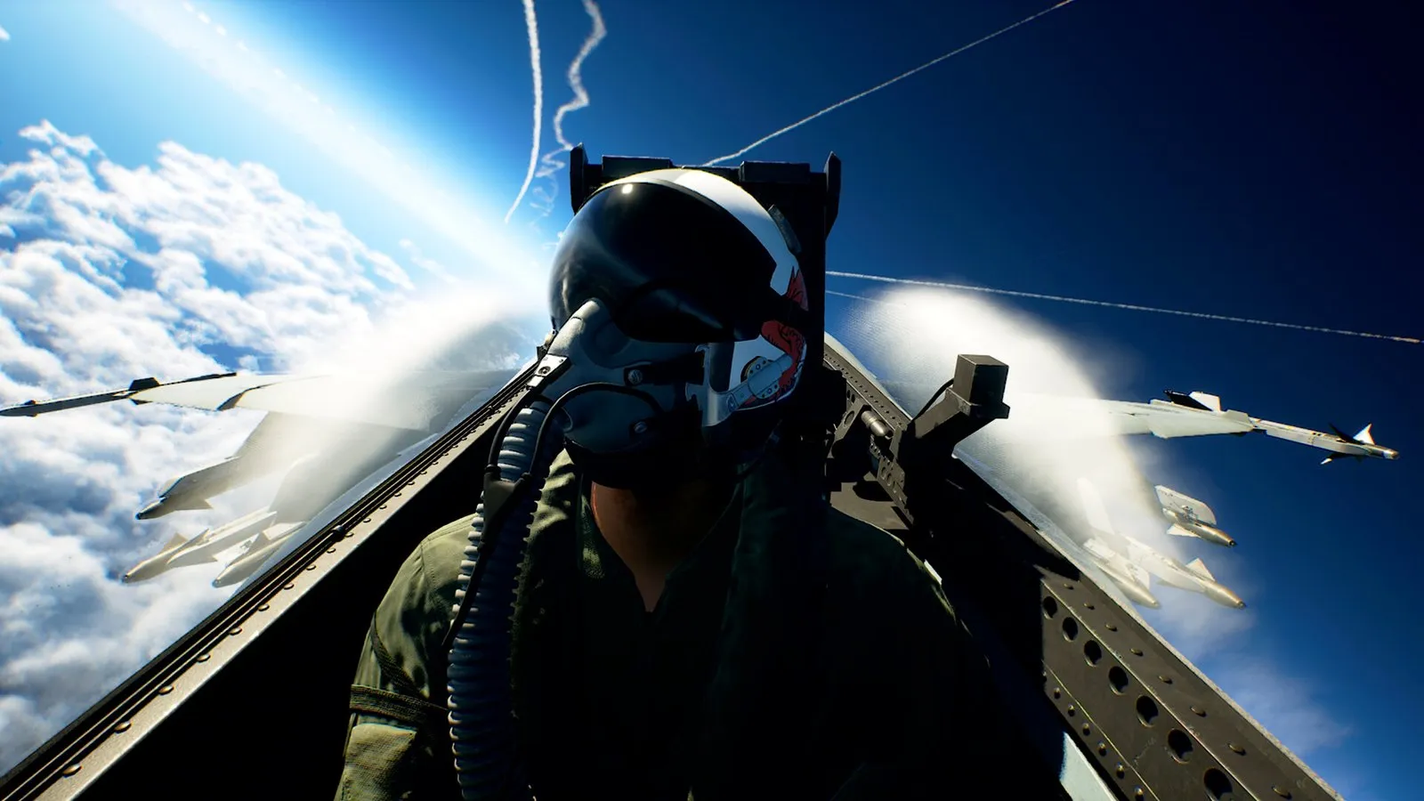 Vista desde la cabina de un caza en pleno vuelo sobre las nubes en ACE COMBAT 8: Wings of Theve