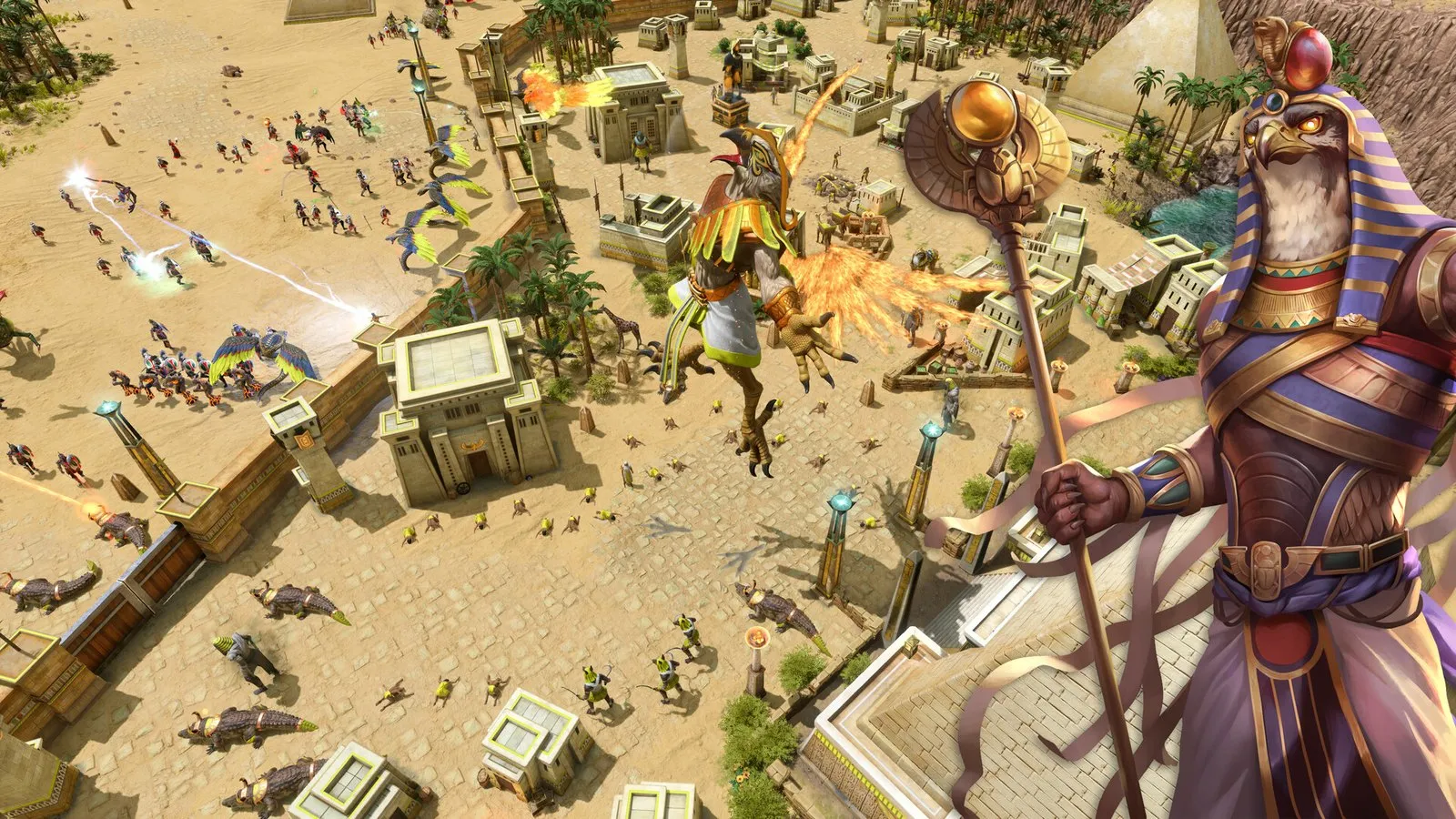 Un gigante egipcio con cabeza de halcón avanza entre soldados y edificios en Age of Mythology: Retold
