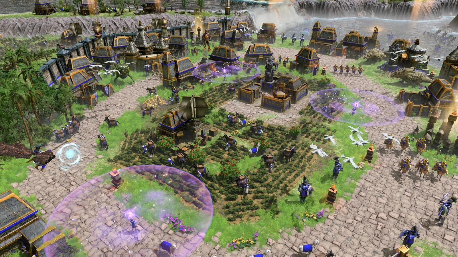 Dos ejércitos chocan junto a un templo mientras un poder divino ilumina el campo en Age of Mythology: Retold