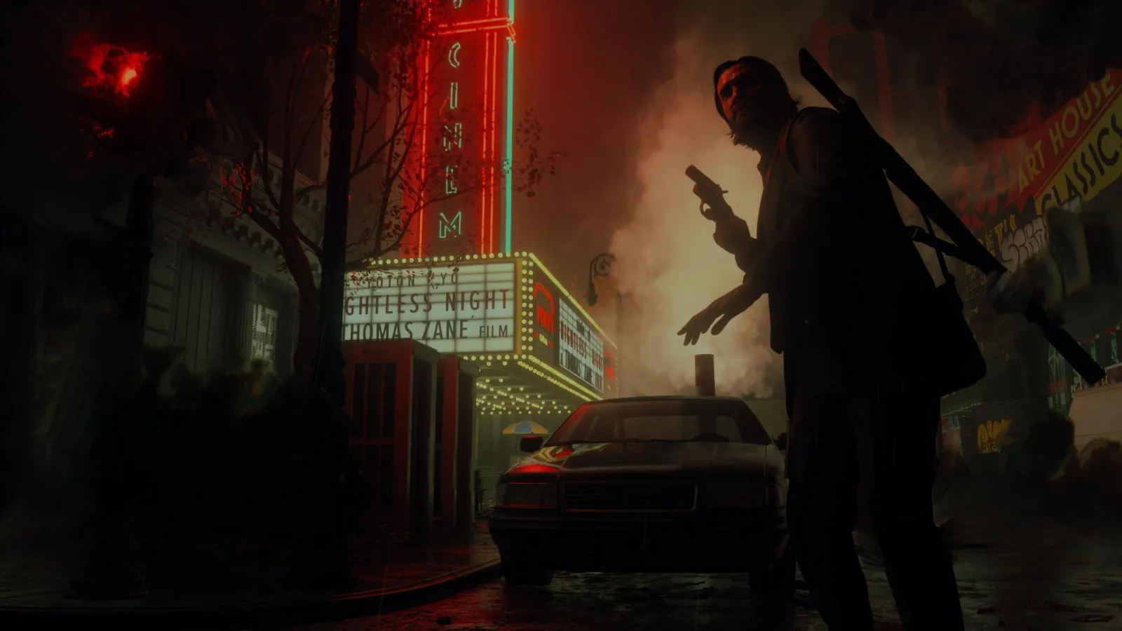 Alan Wake camina bajo los neones de una calle nocturna de Nueva York en Alan Wake 2