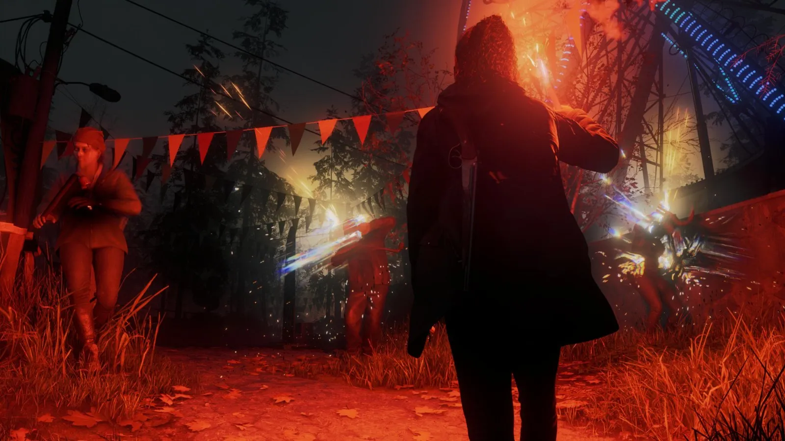 Saga Anderson con una linterna entre las luces de una feria abandonada en Alan Wake 2