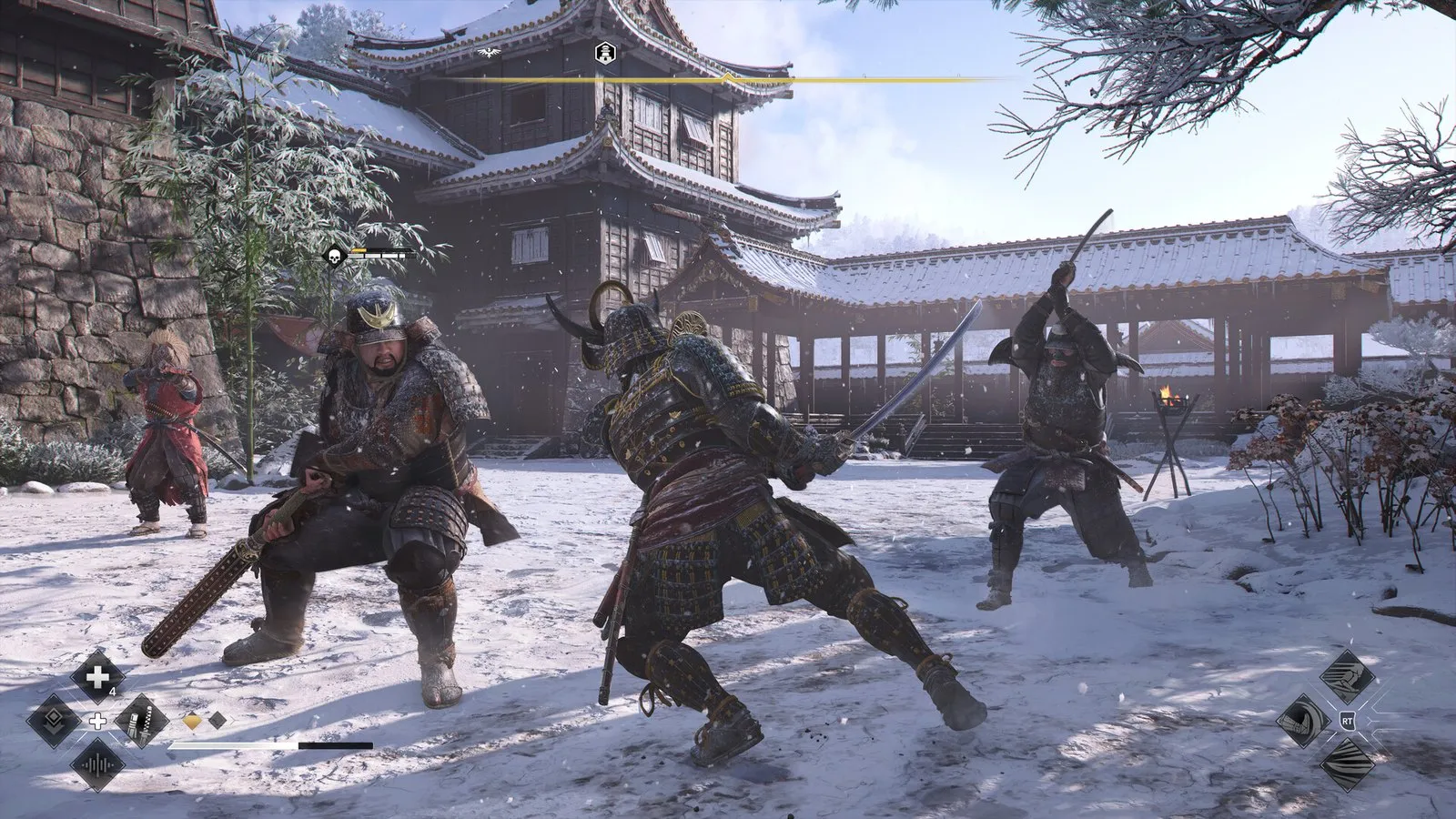Yasuke combate a varios samuráis en el patio nevado de un castillo en Assassin's Creed Shadows