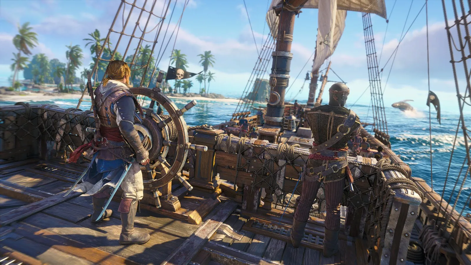 Edward Kenway al timón del Jackdaw mientras la tripulación trabaja en cubierta en Assassin's Creed Black Flag Resynced
