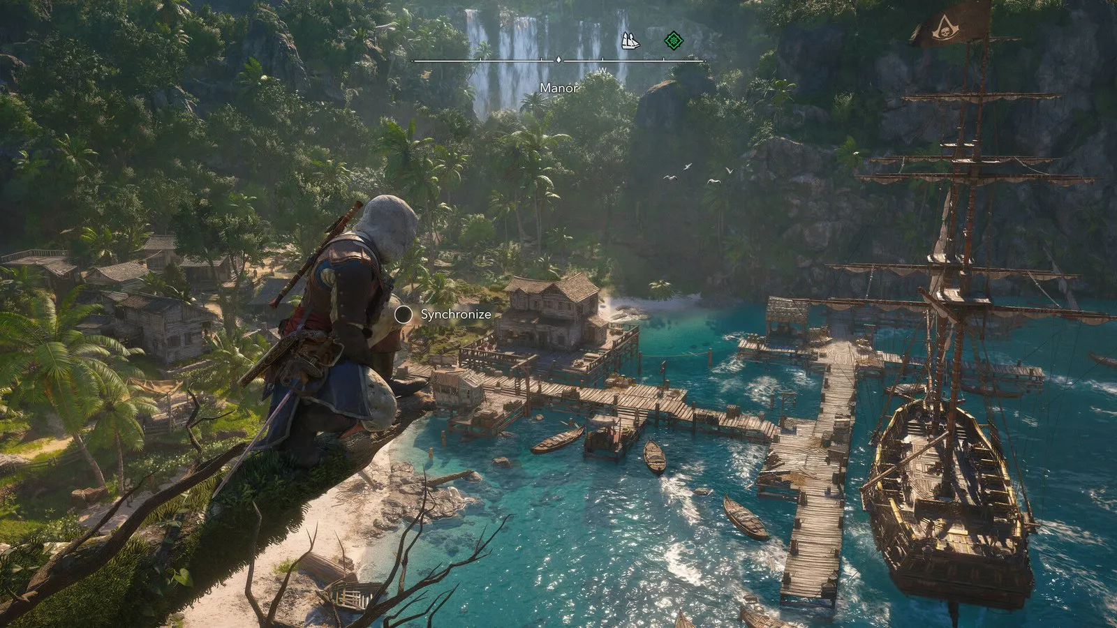 Edward observa desde un acantilado una cala con un barco fondeado en Assassin's Creed Black Flag Resynced