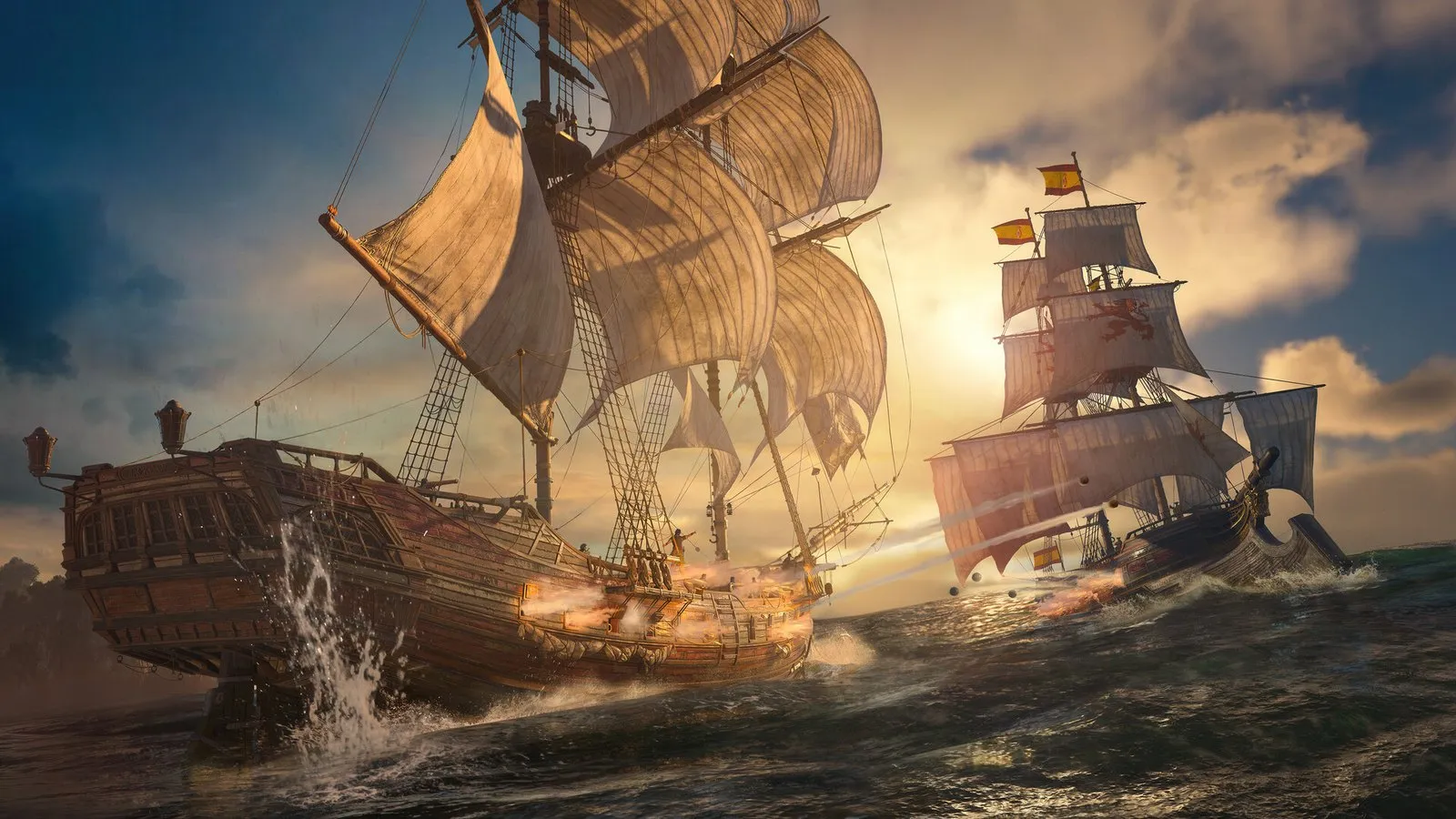 Dos barcos de vela navegan en formación al atardecer con el sol reflejado en el mar en Assassin's Creed Black Flag Resynced