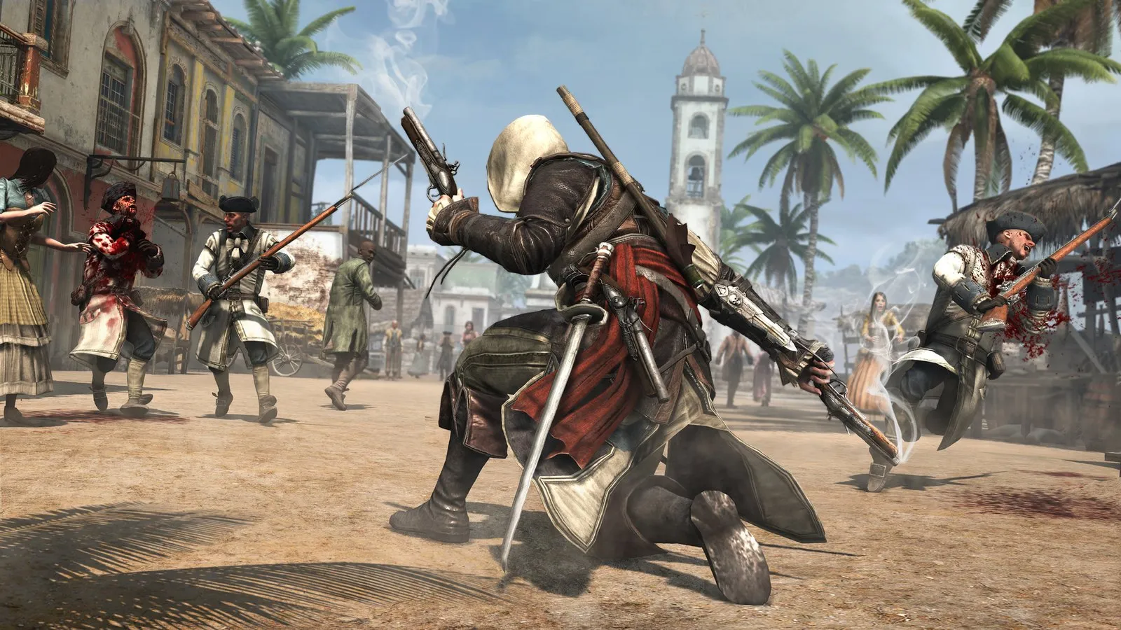 Edward Kenway dispara sus pistolas en una plaza de La Habana en Assassin's Creed IV: Black Flag