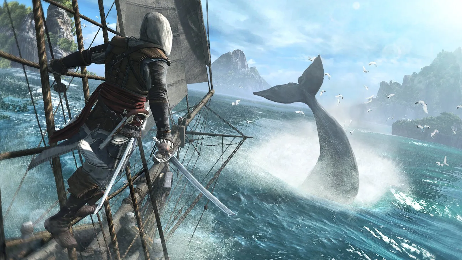 Edward, encaramado al mástil, observa una ballena saltando junto al barco en Assassin's Creed IV: Black Flag