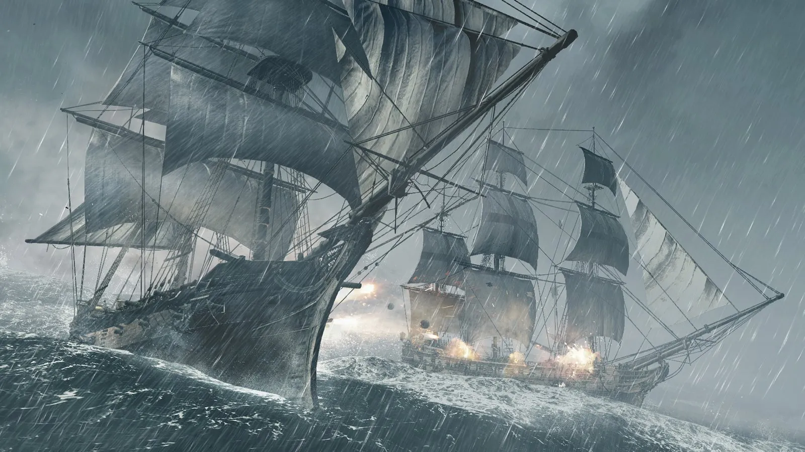 El Jackdaw navega bajo una tormenta con las velas desplegadas en Assassin's Creed IV: Black Flag