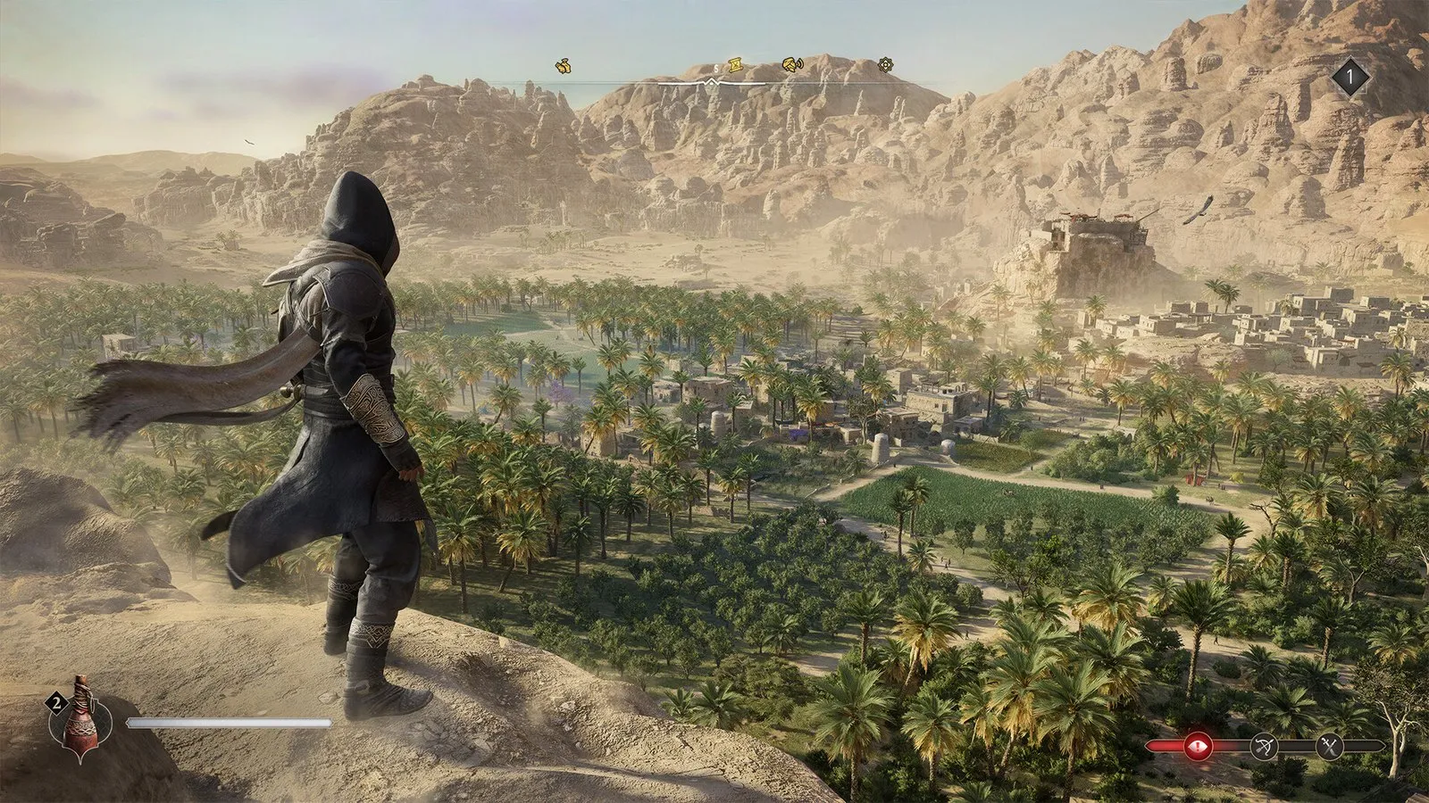 Basim contempla el palmeral y la ciudad de Bagdad desde lo alto de una atalaya en Assassin's Creed Mirage