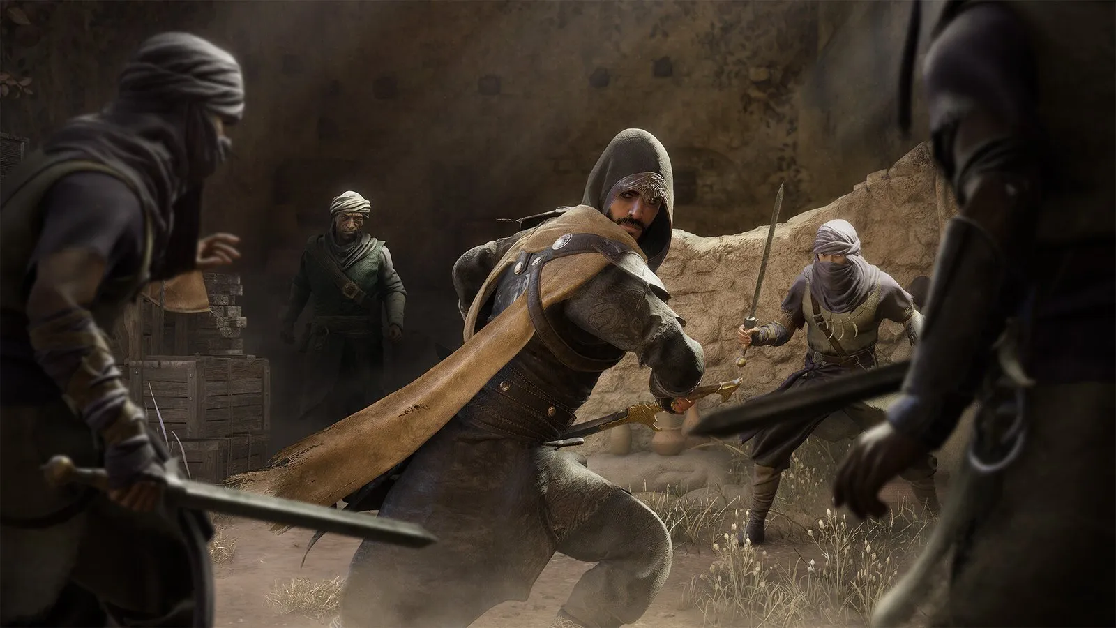 Basim derriba a un guardia con la hoja oculta mientras otros dos se acercan en Assassin's Creed Mirage