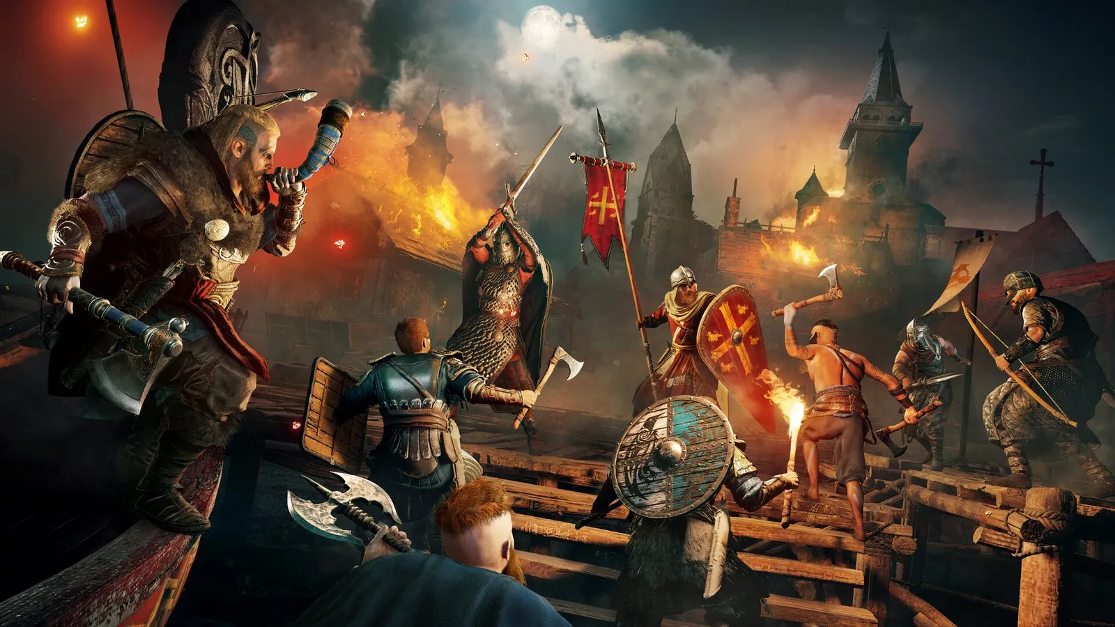 Eivor lidera un asalto vikingo contra una fortaleza en llamas en Assassin's Creed Valhalla