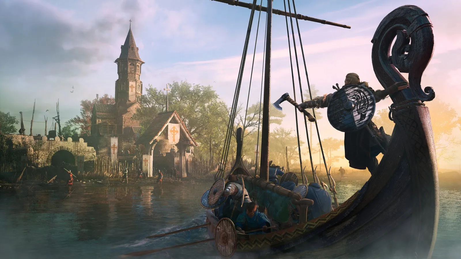 Un drakkar vikingo remonta un río al atardecer junto a una aldea sajona en Assassin's Creed Valhalla