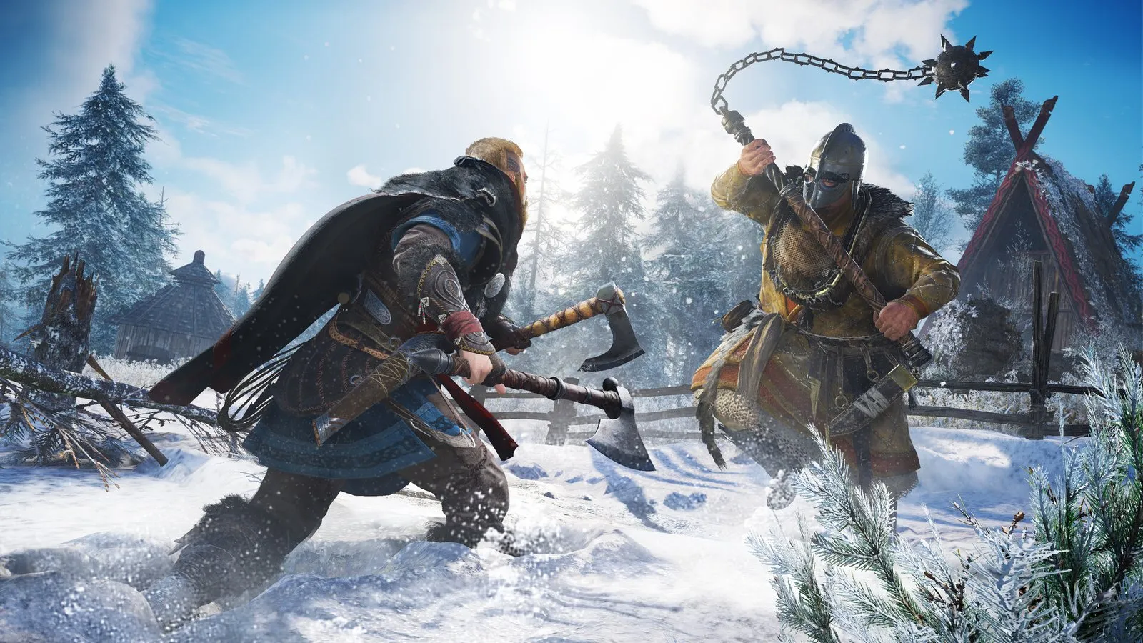 Eivor choca su hacha con un guerrero que blande un mangual en un bosque nevado en Assassin's Creed Valhalla