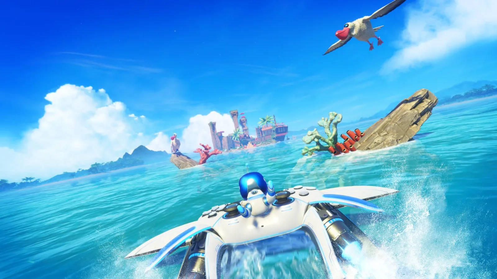Astro surfea sobre una ola entre bots que saludan en Astro Bot