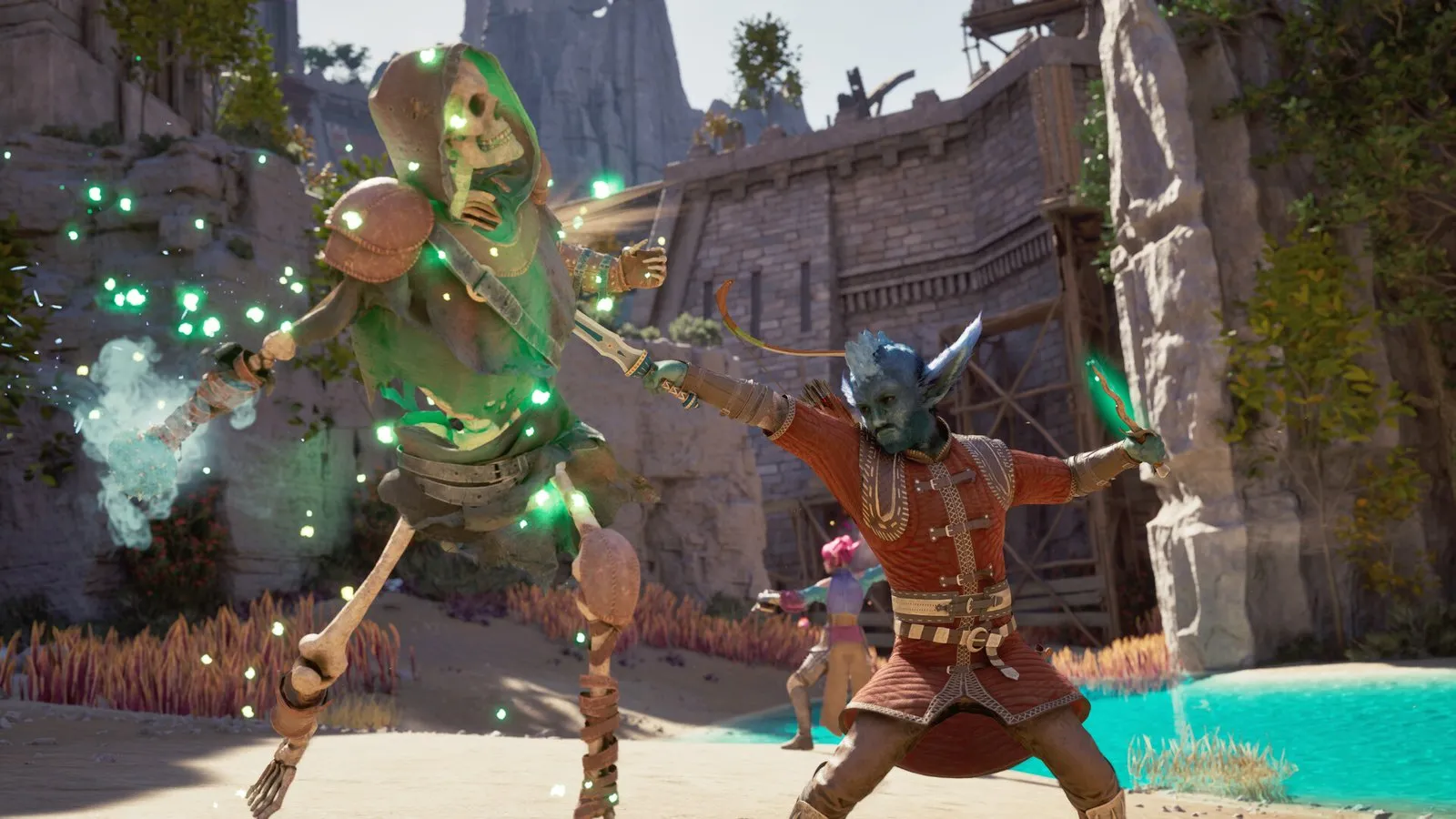 El protagonista combate con espada y magia contra una criatura envuelta en luz verde en Avowed