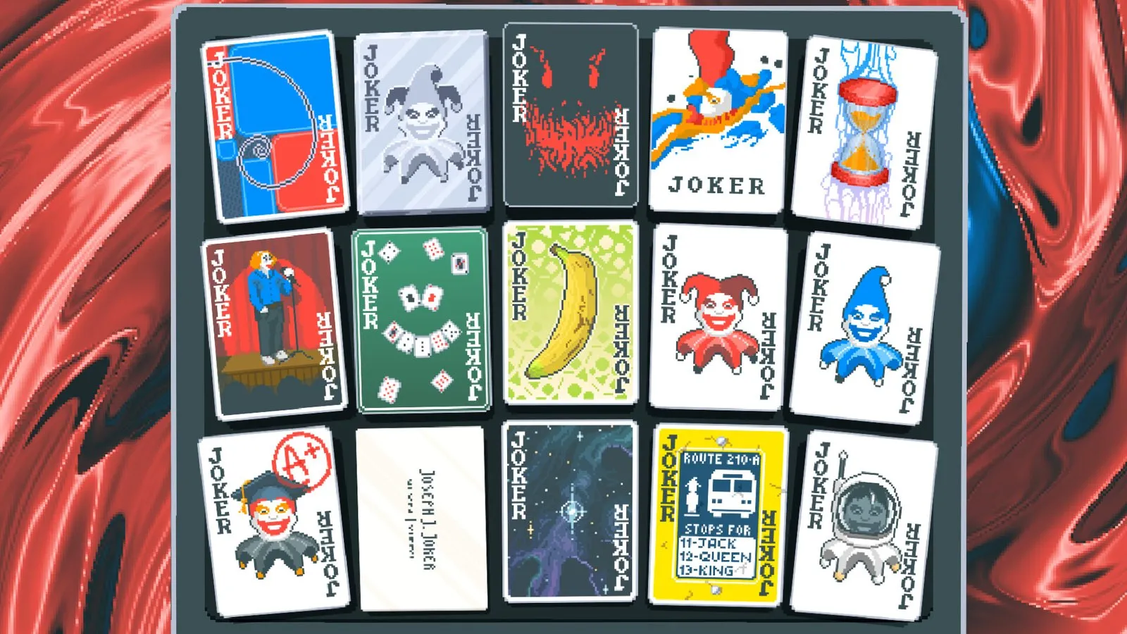 Una colección de comodines ilustrados sobre fondo rojo y azul en Balatro