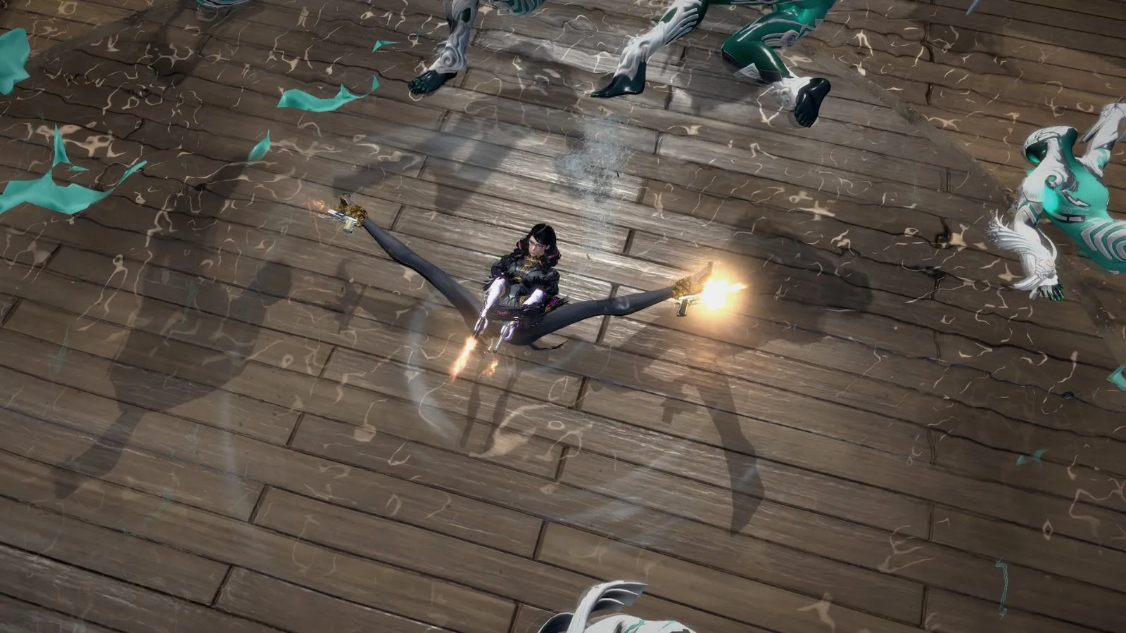 Bayonetta salta disparando en una azotea de madera en Bayonetta 3