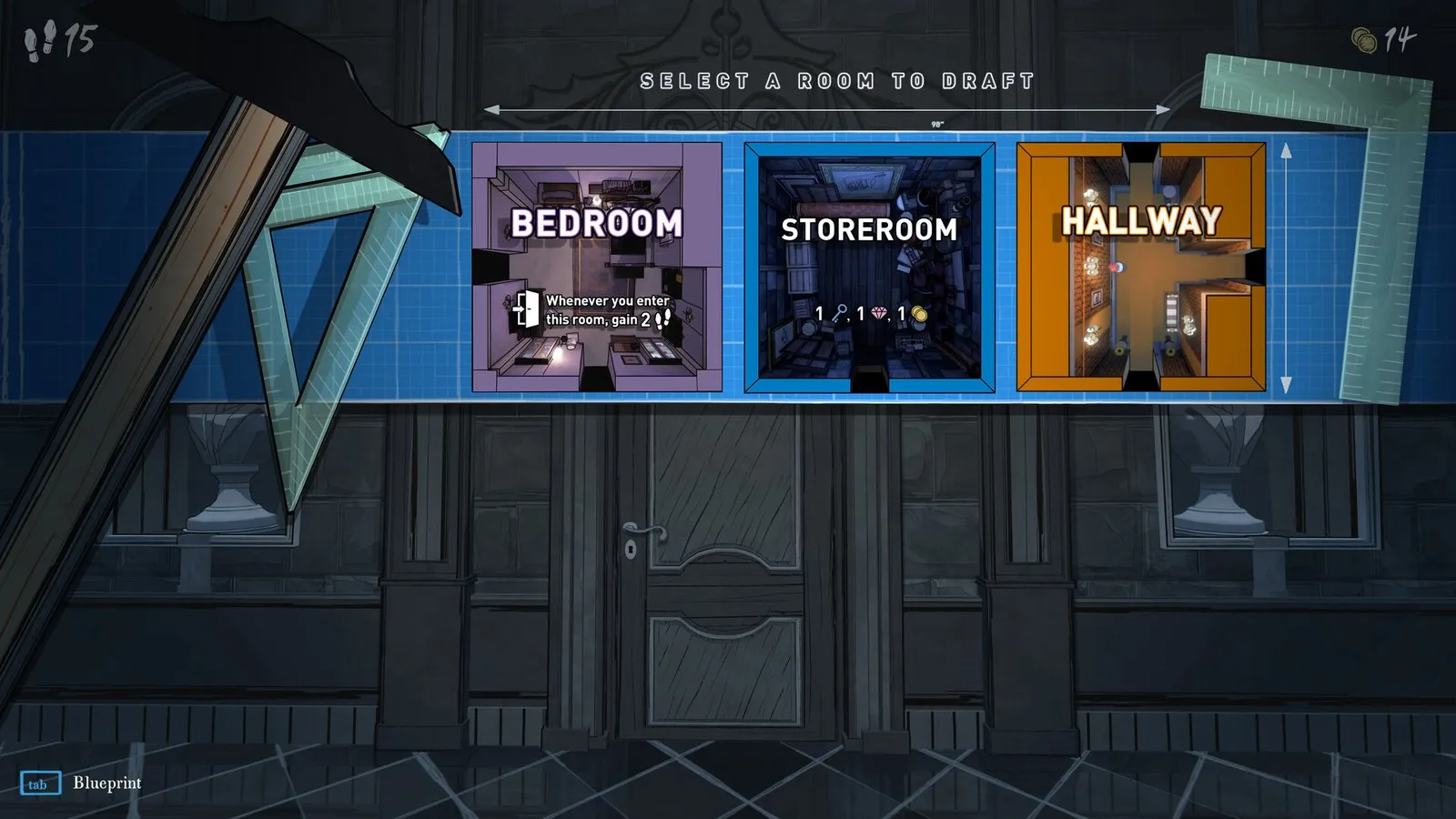 La pantalla de elección entre tres planos de habitación: dormitorio, almacén y pasillo en Blue Prince