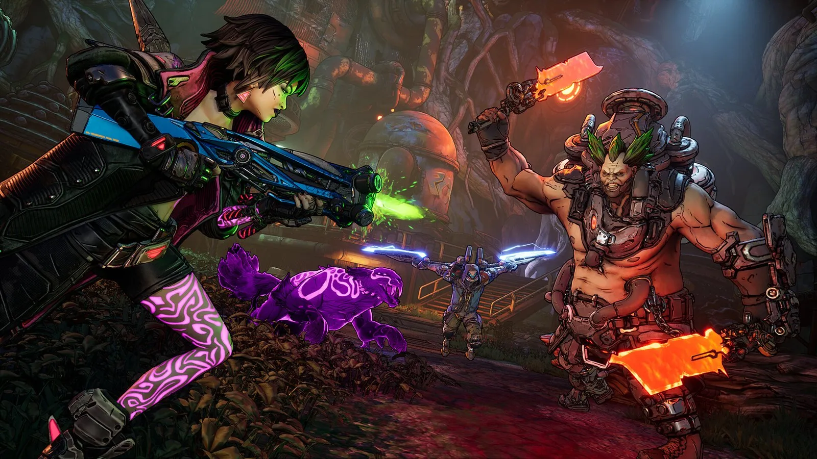 Una Buscadora apunta con una escopeta a un bandido que lanza un hacha de energía en Borderlands 4