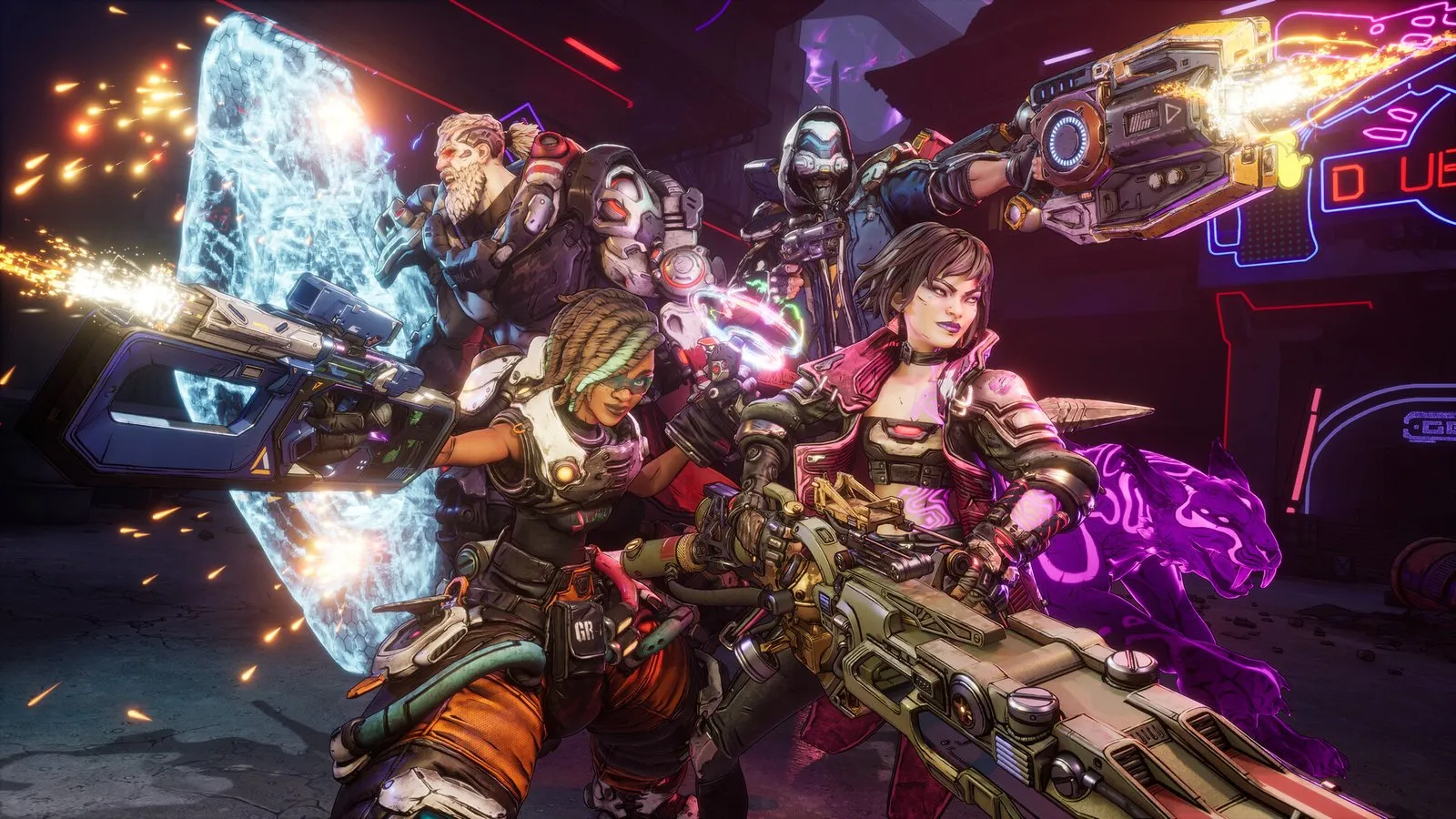 Los cuatro Buscadores de la Cámara disparan en plena batalla con un tigre espectral morado en Borderlands 4