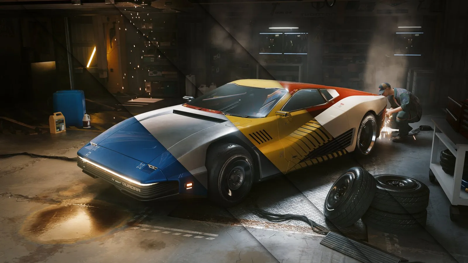 Un deportivo rojo, blanco y azul en un garaje mientras un mecánico trabaja en Cyberpunk 2077