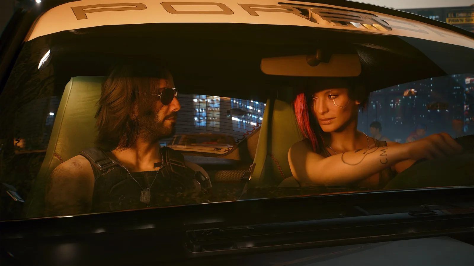 V y Johnny Silverhand conversan dentro de un coche en Night City en Cyberpunk 2077