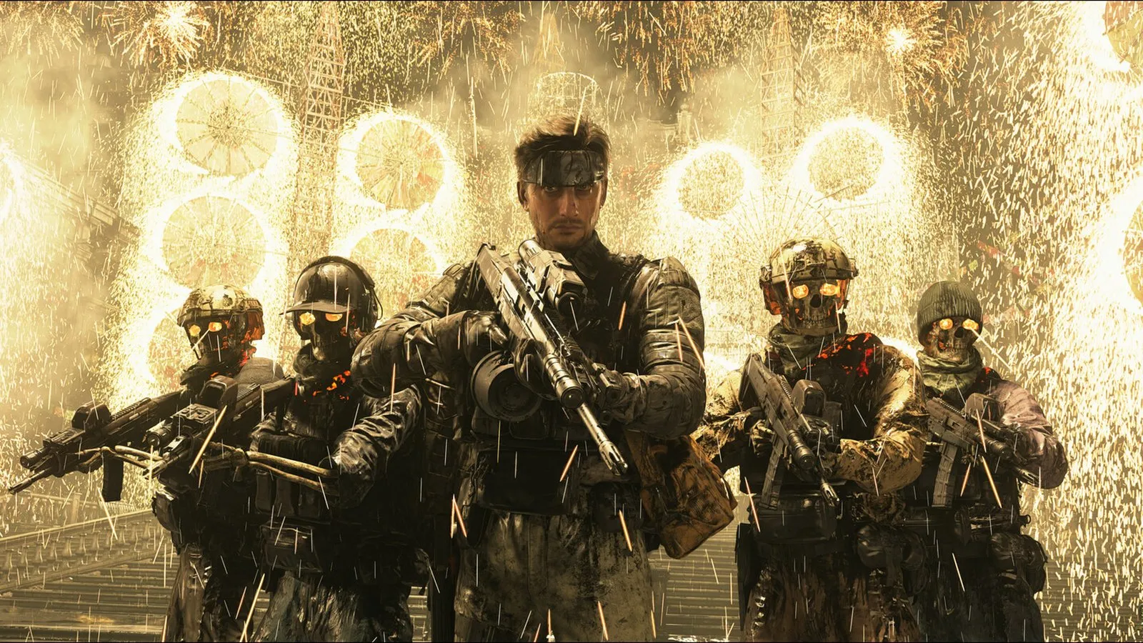 Soldados armados con máscaras avanzan bajo un cielo de fuegos artificiales en Death Stranding 2: On the Beach