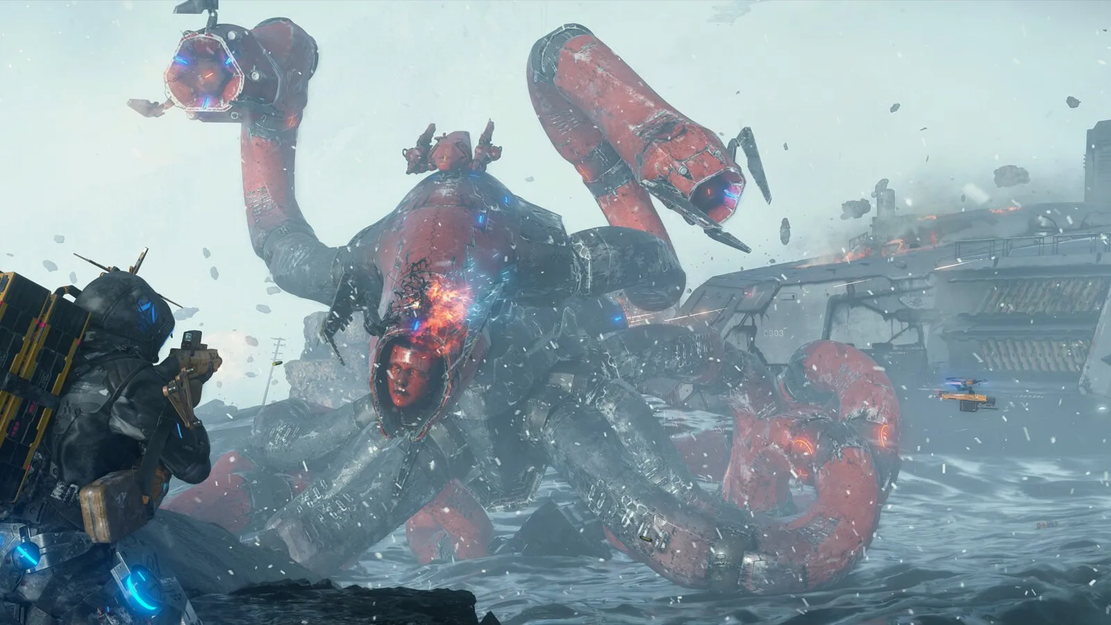 Sam Porter Bridges se enfrenta a un gigantesco ente mecánico con tentáculos rojos en el agua en Death Stranding 2: On the Beach