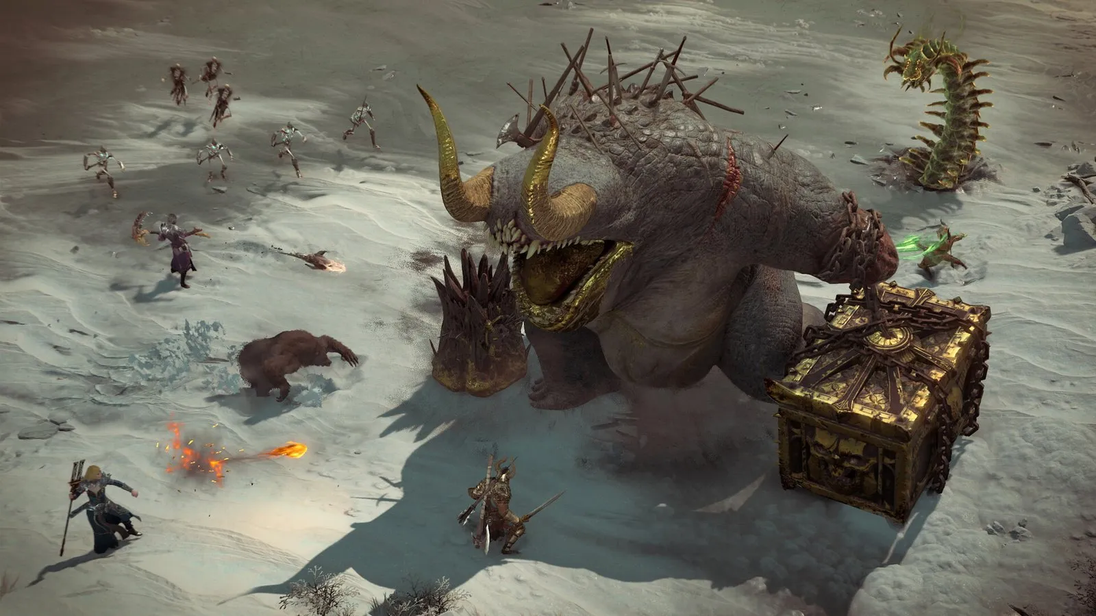 Una bestia gigante con cuernos avanza por la nieve hacia un cofre en Diablo IV