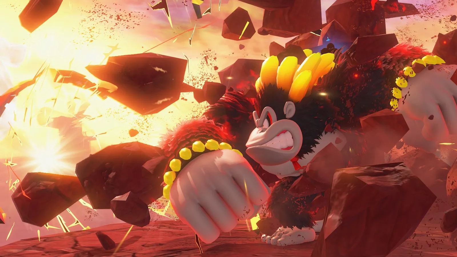 Donkey Kong destroza rocas a puñetazos en Donkey Kong Bananza