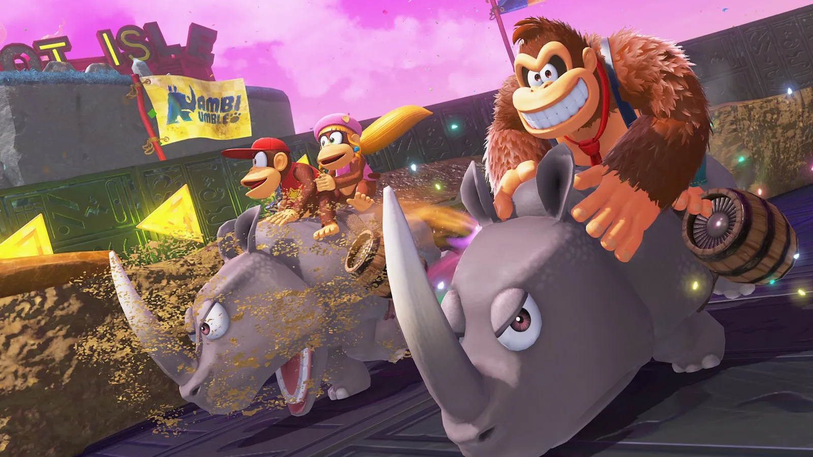 Donkey Kong y Pauline cabalgan a lomos de un rinoceronte en Donkey Kong Bananza