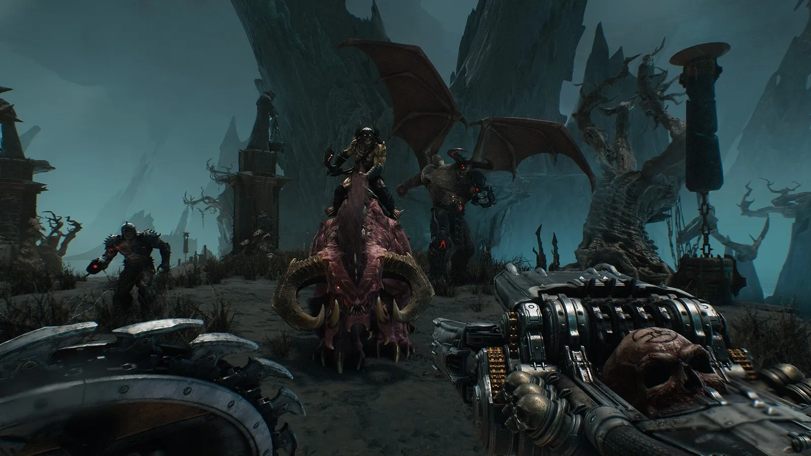 El Slayer se enfrenta a dragones y demonios entre ruinas azuladas en DOOM: The Dark Ages
