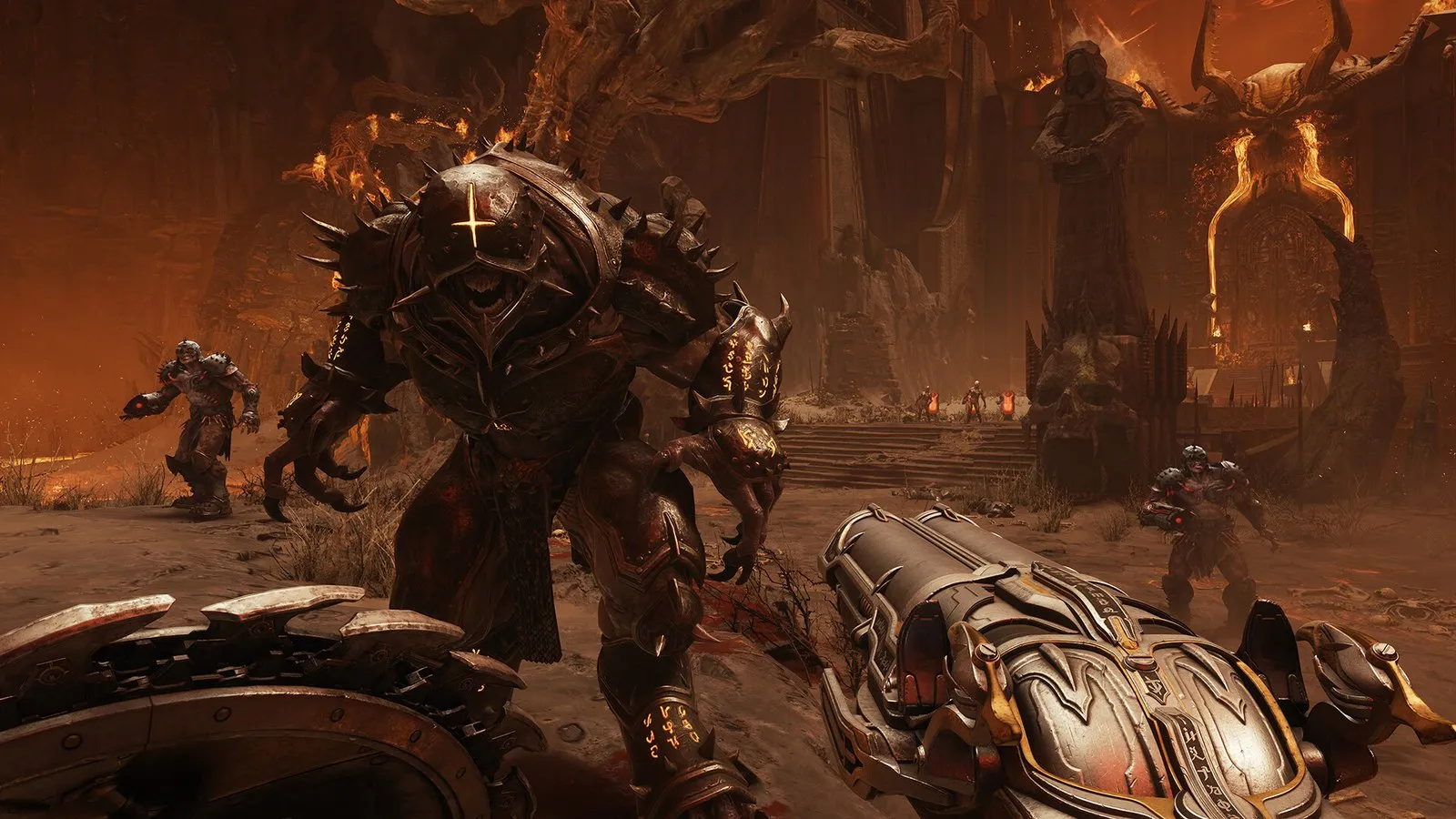 El Doom Slayer apunta con un cañón a un demonio acorazado en una catedral infernal en DOOM: The Dark Ages