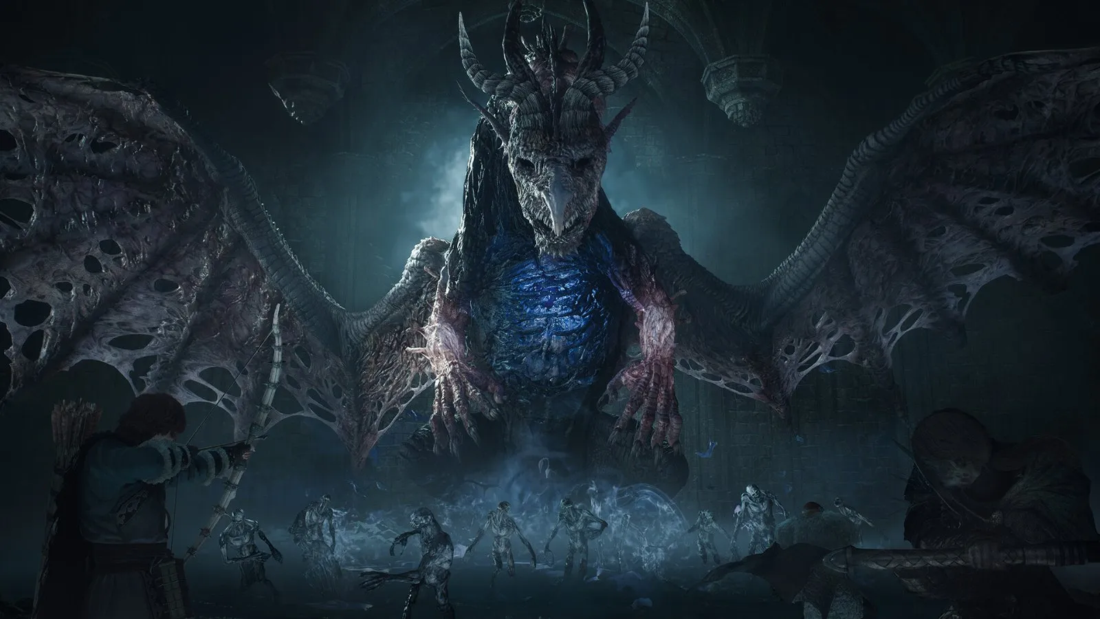 Un dragón colosal de alas oscuras y pecho azul brillante en Dragon's Dogma 2: Dark Arisen
