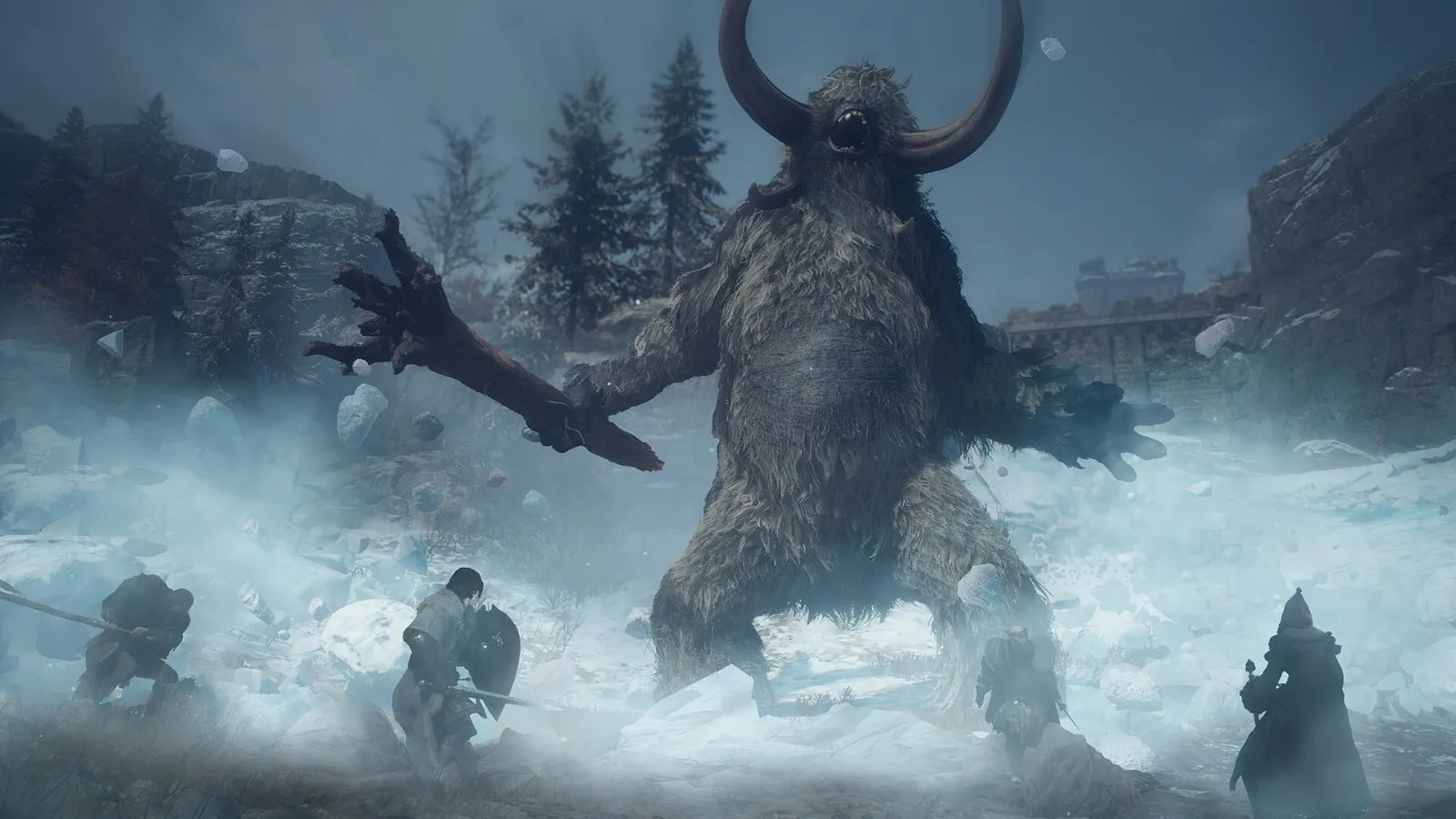 Un gigante con cuernos ataca al grupo del Arisen en plena ventisca en Dragon's Dogma 2: Dark Arisen