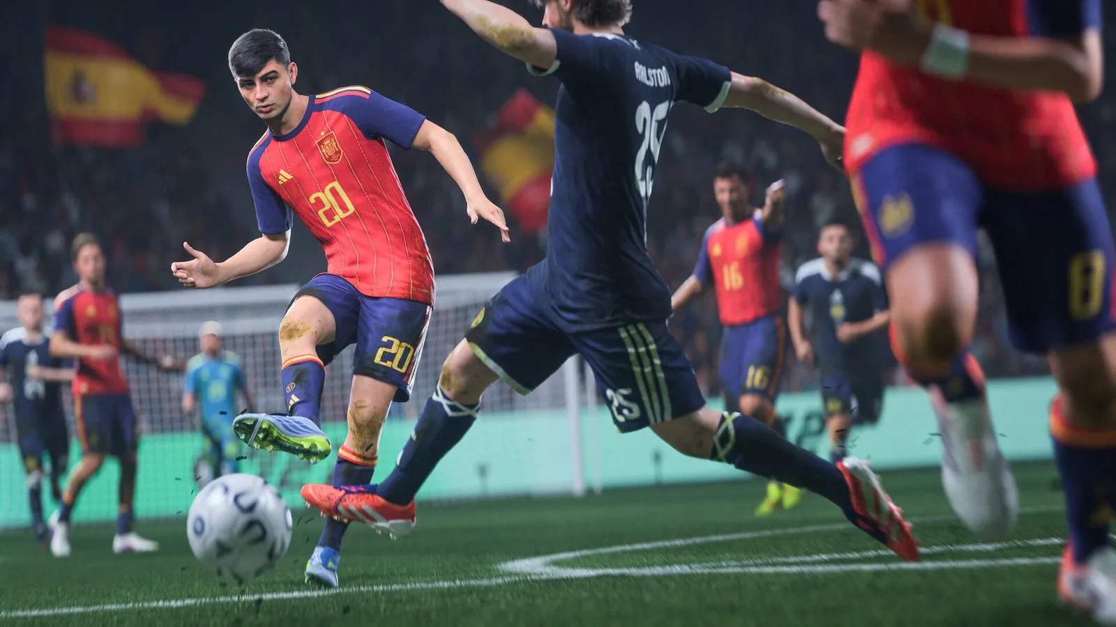 Pedri conduce el balón ante un rival con la camiseta de España en EA SPORTS FC 27