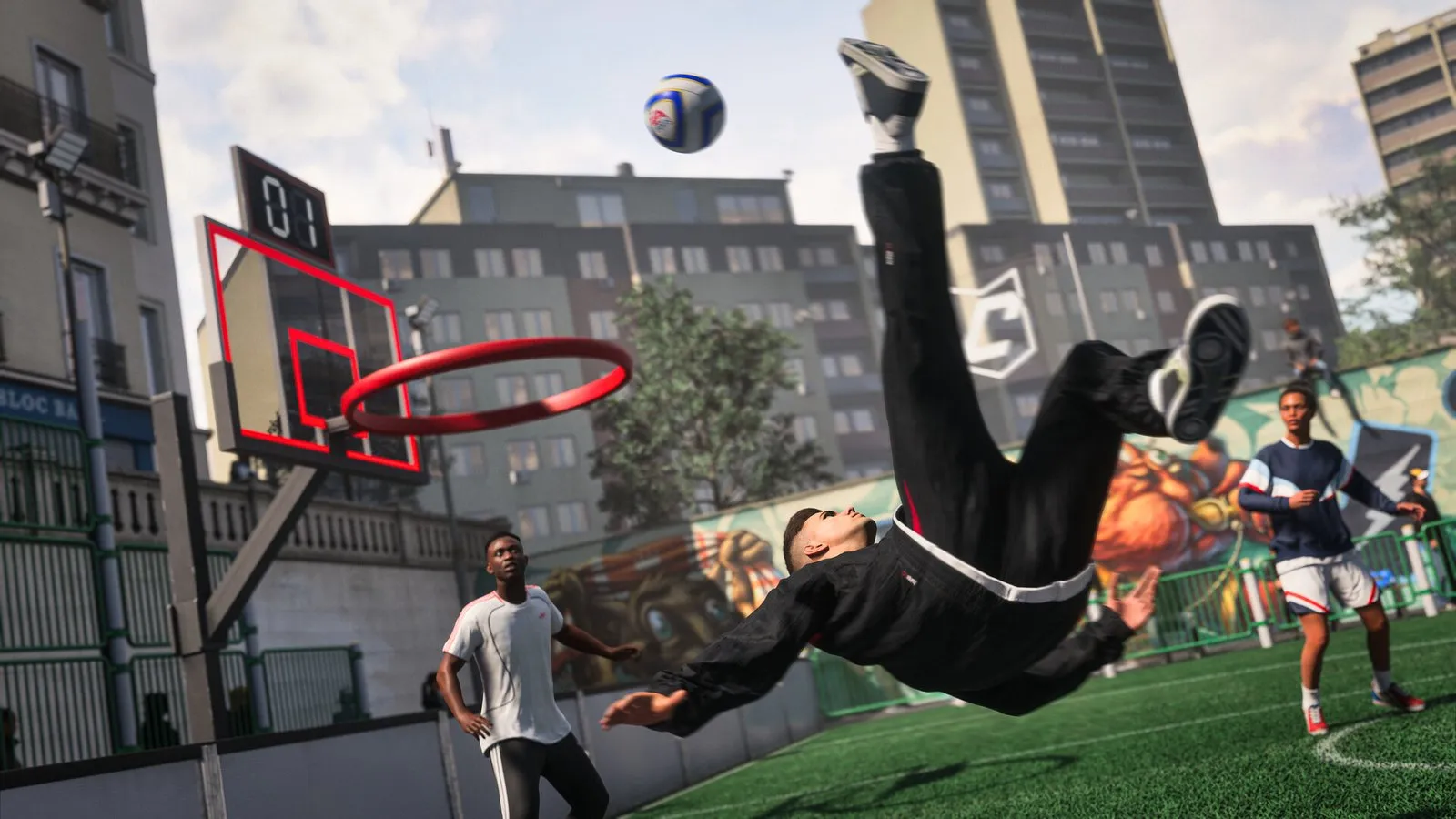 Un jugador remata de chilena en una pista urbana con canastas de baloncesto en EA SPORTS FC 27
