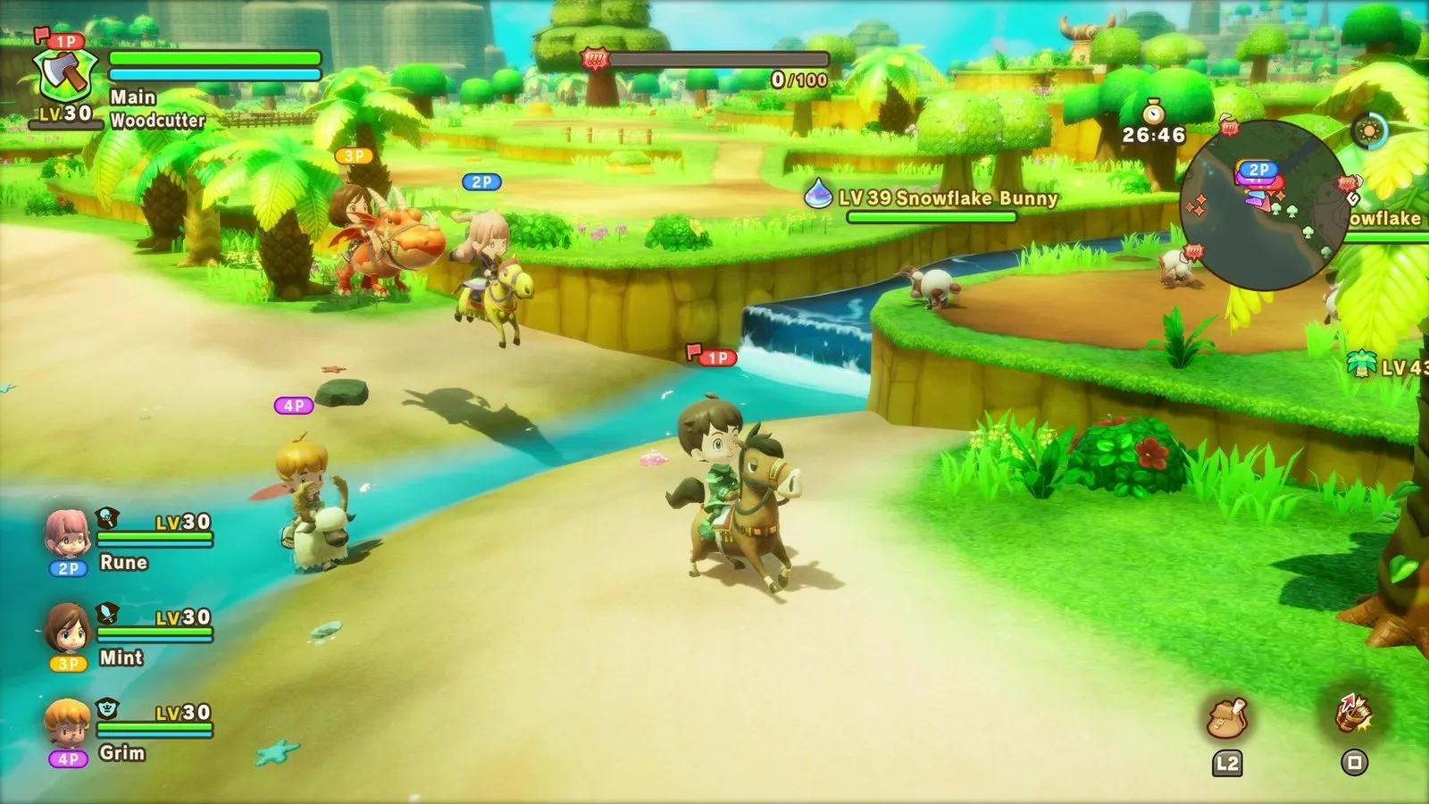 Un pueblo junto al río con casas, puentes y aldeanos en FANTASY LIFE i: La pequeña ladrona del tiempo