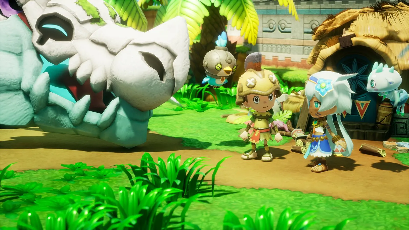El protagonista y sus amigos miran una gigantesca calavera de dragón en la selva en FANTASY LIFE i: La pequeña ladrona del tiempo
