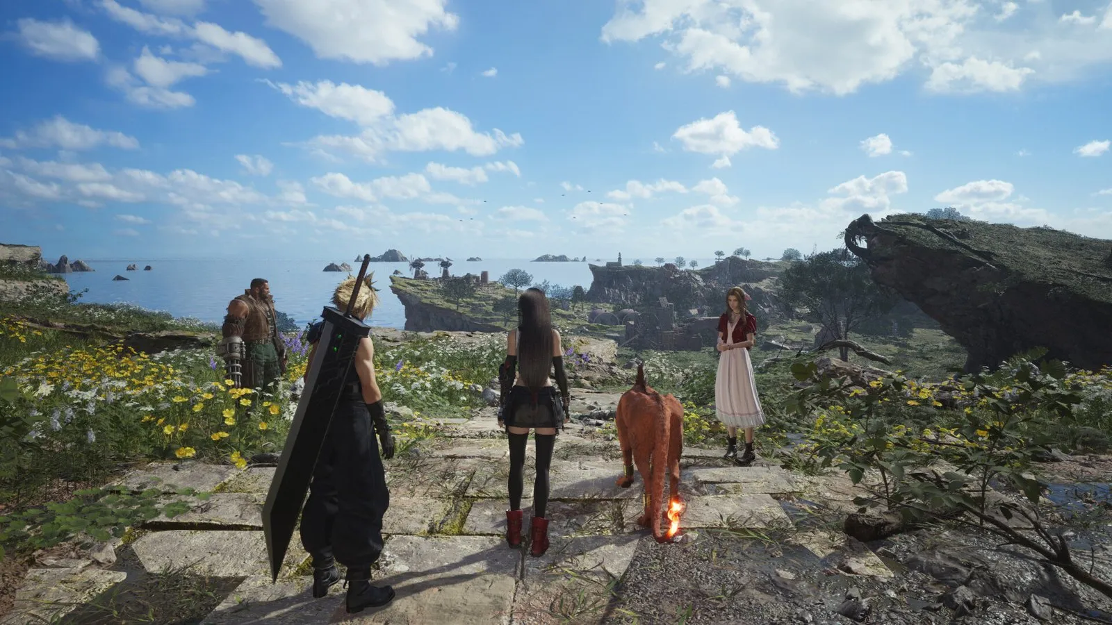 Cloud, Tifa, Aeris, Barret y Red XIII contemplan un prado florido frente al mar en FINAL FANTASY VII REBIRTH