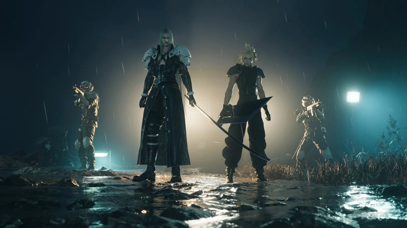 Sefirot y Cloud, armas en mano, flanqueados por Tifa y Aeris en un pantano bajo la lluvia en FINAL FANTASY VII REBIRTH