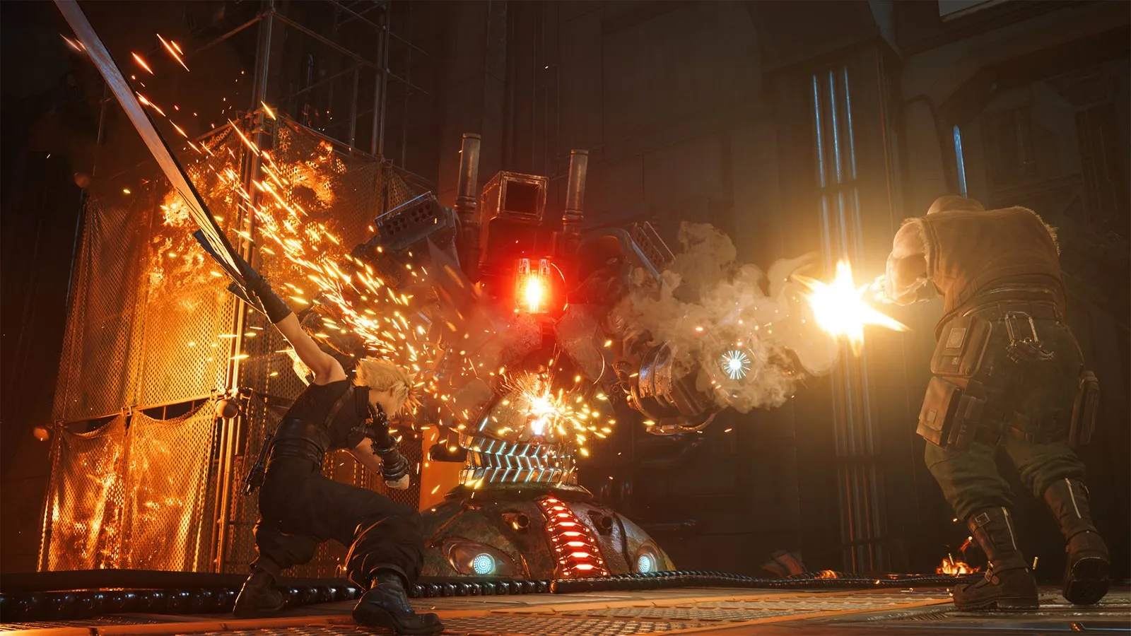 Cloud y Barret combaten contra el Guardián Escorpión entre chispas en FINAL FANTASY VII REMAKE