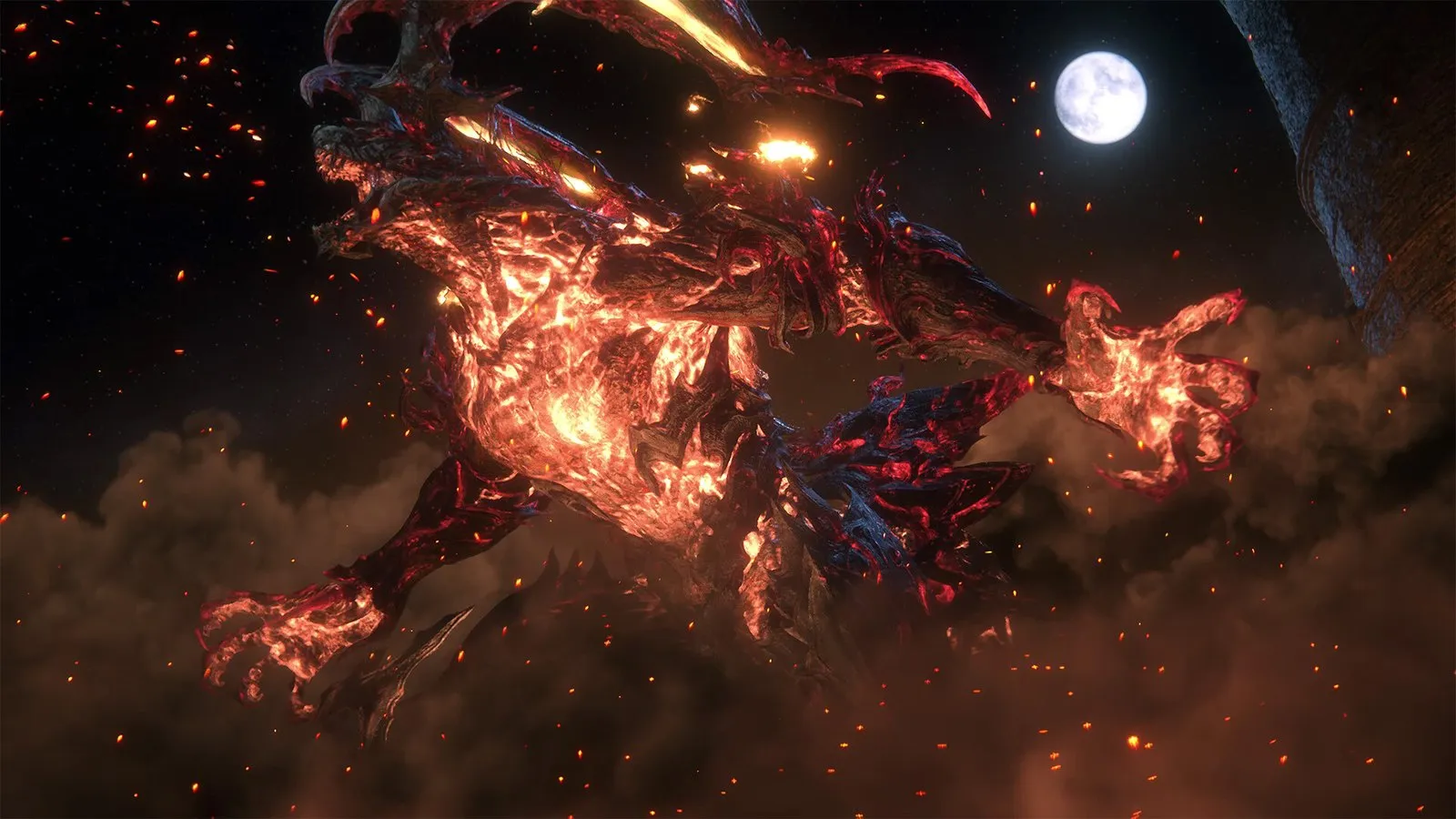 Ifrit, envuelto en lava, se lanza contra el cielo nocturno con la luna al fondo en FINAL FANTASY XVI