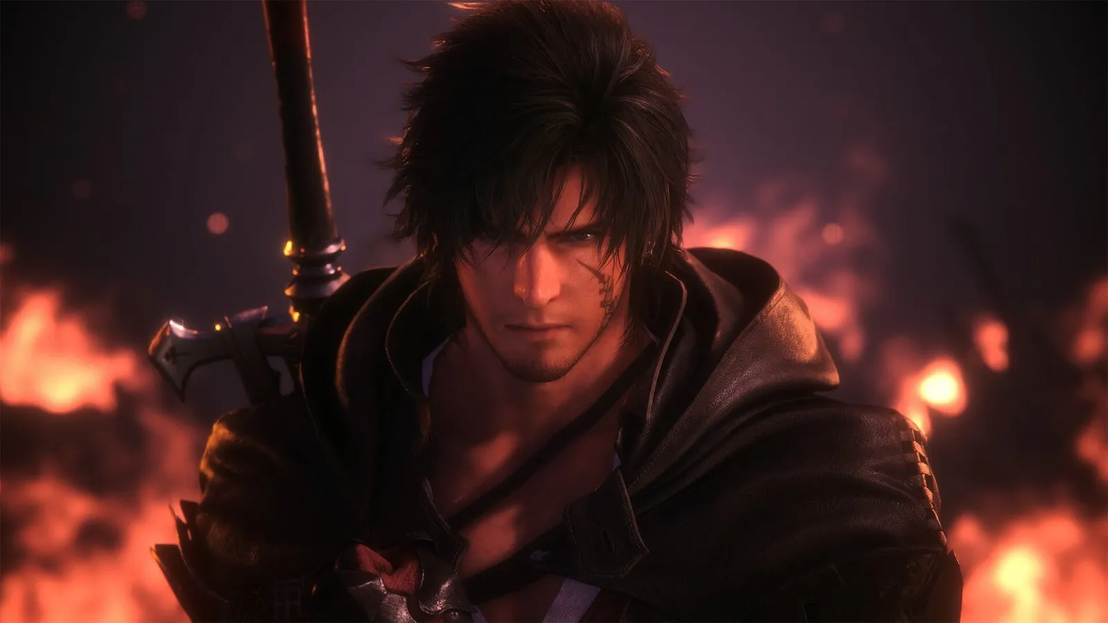 Clive Rosfield, con la espada a la espalda, mira de frente entre llamas en FINAL FANTASY XVI