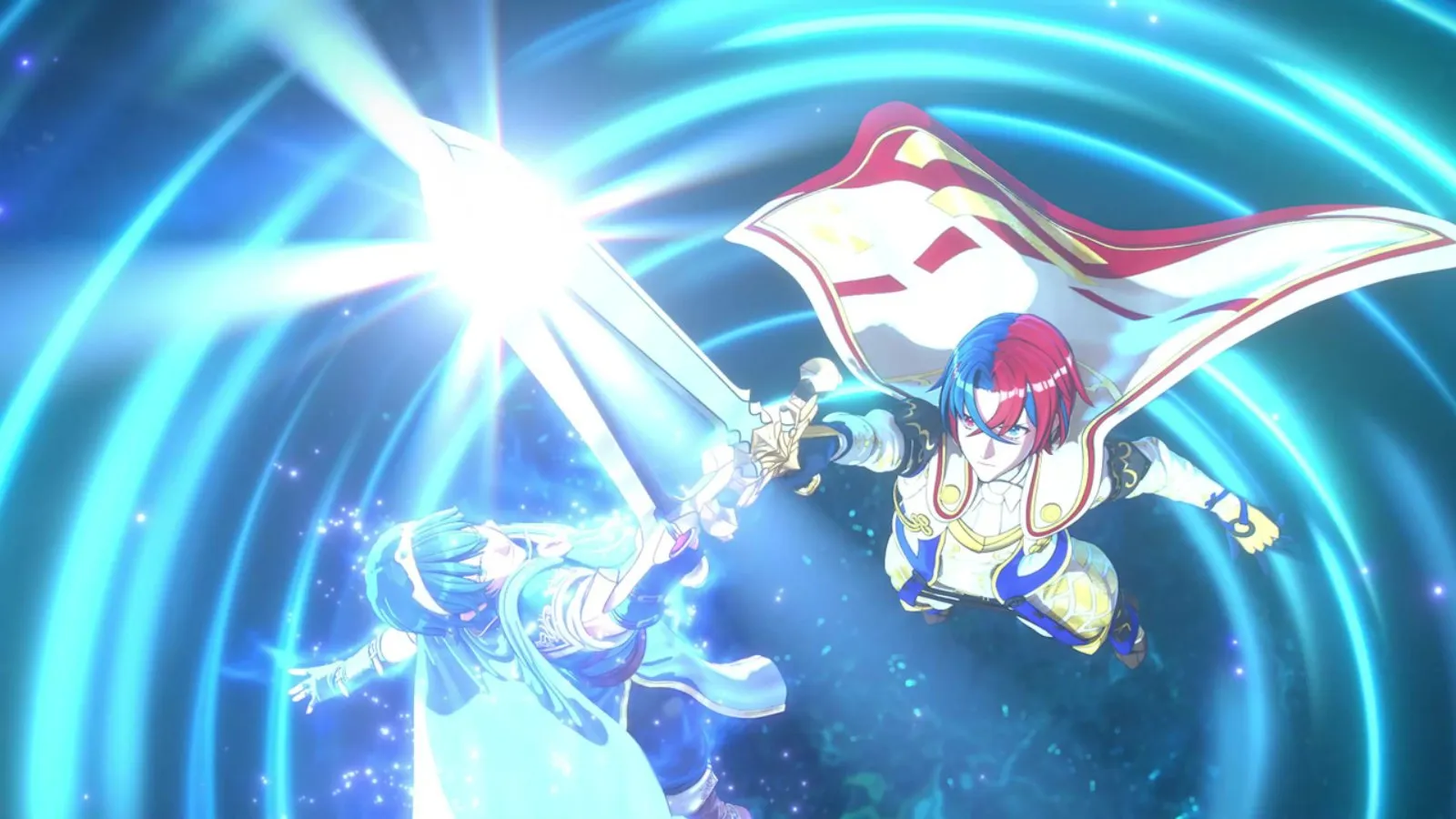 Un personaje activa un anillo emblema con una explosión de luz azul en Fire Emblem Engage
