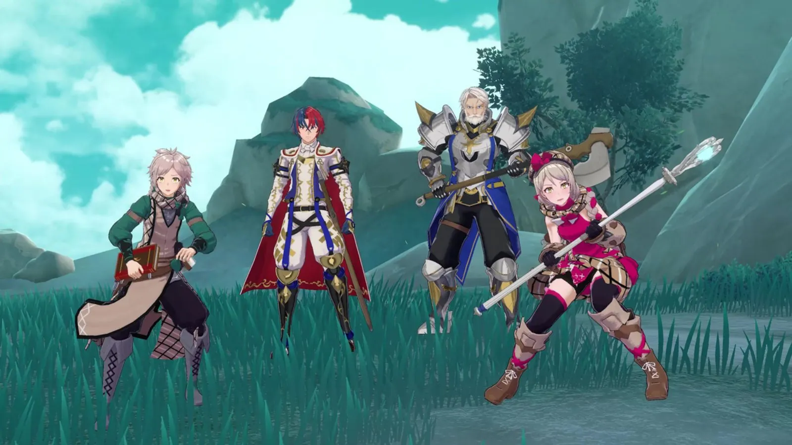 Varios personajes del reparto reunidos en un prado en Fire Emblem Engage