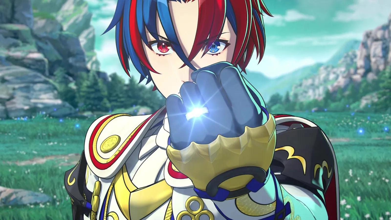 Alear, con el pelo rojo y azul, mira a cámara en Fire Emblem Engage